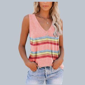 Saukole Women's V-neck Sleeveless Pink Top Tee Rainbow Stripes Pink Size XXL NWT